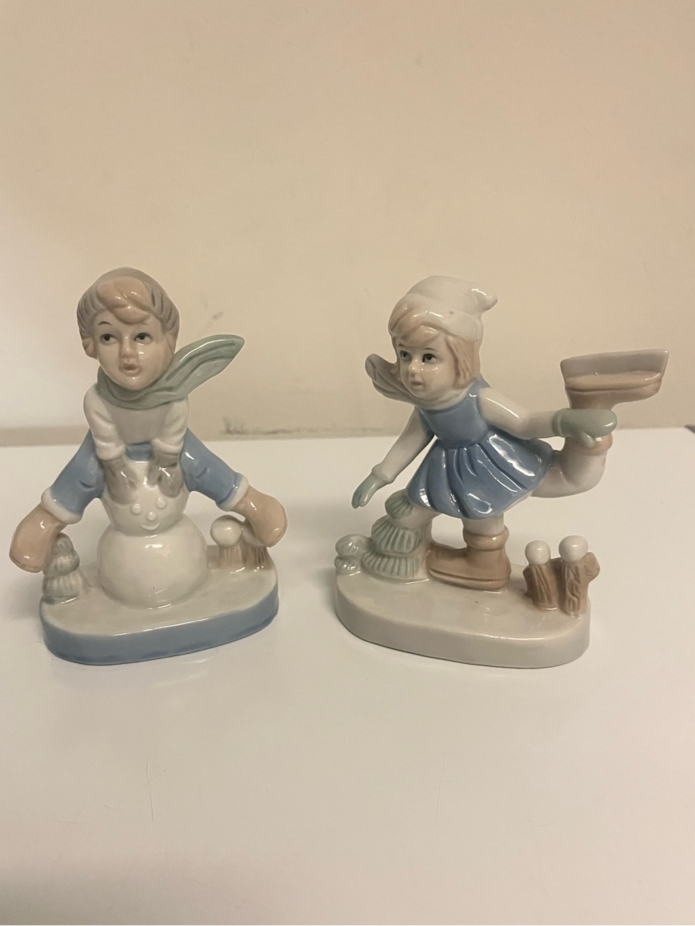 Vintage Porcelain Winter Children Figurines Ice Skater/Snowman Pair Holiday Deco
